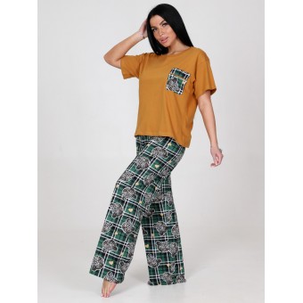 Костюм  женский       из кулирки    футболка с брюками   Зеленый, Оранжевый  Принт