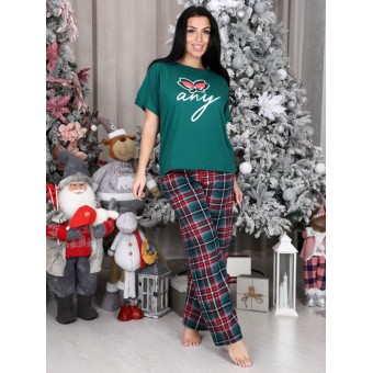 Костюм  женский       из кулирки    футболка с брюками   Зеленый, Красный  Клетка