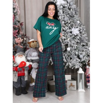 Костюм  женский       из кулирки    футболка с брюками   Зеленый, Красный  Клетка