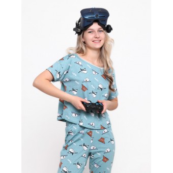 Комплект  женский       из кулирки    футболка с брюками   зеленый     