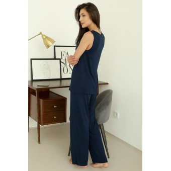 Пижама  женская       Бамбук    футболка с брюками   синяя  однотонная