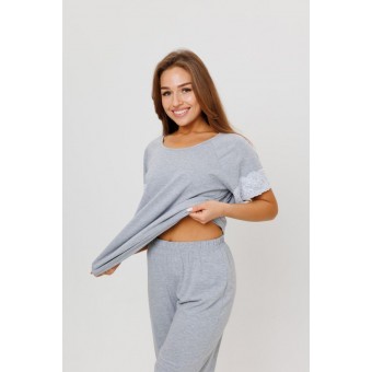 Пижама  женская       из кулирки    футболка с брюками   серая  однотонная Kuzina