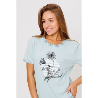 Костюм  женский       из кулирки    футболка с брюками   голубой  Полоска Kuzina