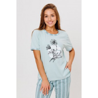 Костюм  женский       из кулирки    футболка с брюками   голубой  Полоска Kuzina