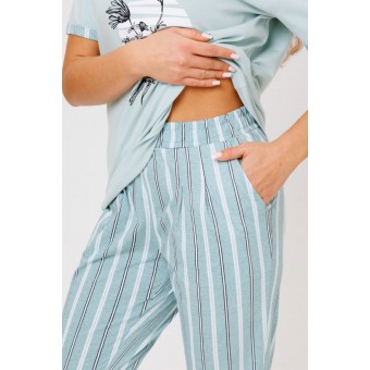 Костюм  женский       из кулирки    футболка с брюками   голубой  Полоска Kuzina