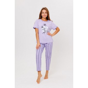 Костюм  женский       из кулирки    футболка с брюками   фиолетовый  Полоска Kuzina