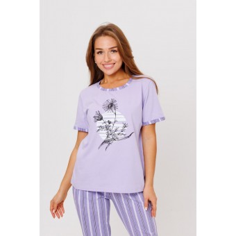 Костюм  женский       из кулирки    футболка с брюками   фиолетовый  Полоска Kuzina