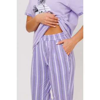 Костюм  женский       из кулирки    футболка с брюками   фиолетовый  Полоска Kuzina