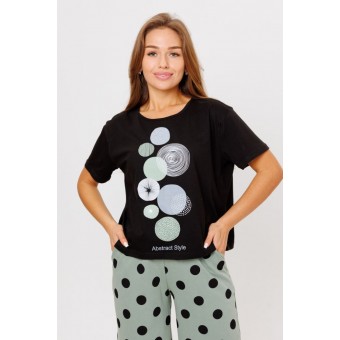 Костюм  женский       из кулирки    футболка с брюками   Зеленый, Черный  Принт Kuzina