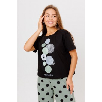 Костюм  женский       из кулирки    футболка с брюками   Зеленый, Черный  Принт Kuzina