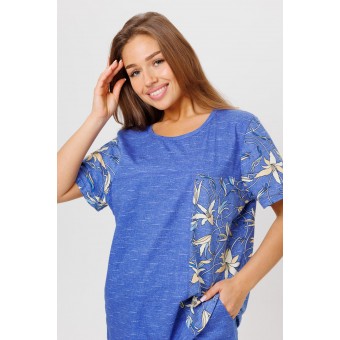 Костюм  женский       из кулирки    футболка с брюками   синий  Цветы Kuzina