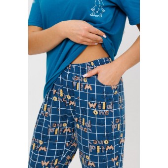 Костюм  женский       из кулирки    футболка с брюками   синий  Клетка Kuzina