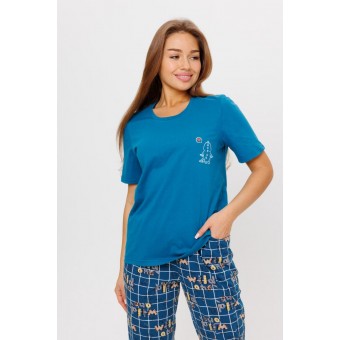 Костюм  женский       из кулирки    футболка с брюками   синий  Клетка Kuzina