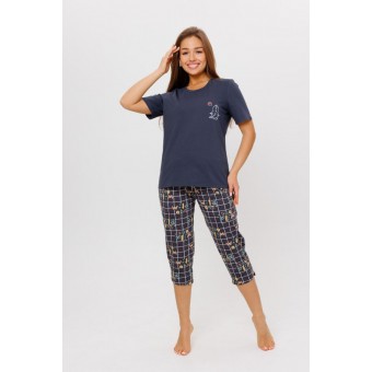 Костюм  женский       из кулирки    футболка с брюками   серый  Клетка Kuzina