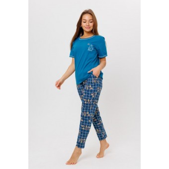 Костюм  женский       из кулирки    футболка с брюками   синий  Клетка Kuzina