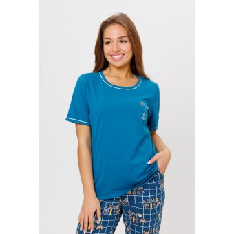 Костюм  женский       из кулирки    футболка с брюками   синий  Клетка Kuzina