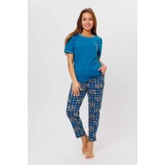 Костюм  женский       из кулирки    футболка с брюками   синий  Клетка Kuzina