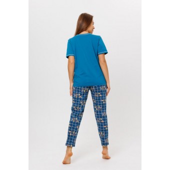 Костюм  женский       из кулирки    футболка с брюками   синий  Клетка Kuzina