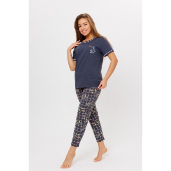 Костюм  женский       из кулирки    футболка с брюками   серый  Клетка Kuzina