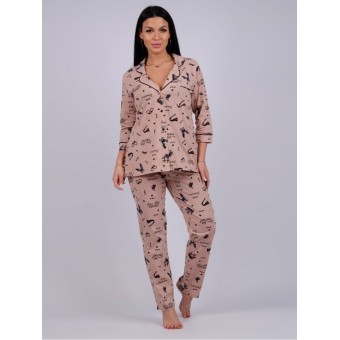 Пижама  женская       из кулирки   на пуговицах рубашка с брюками   бежевая