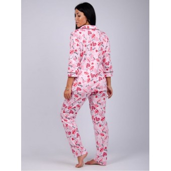 Пижама  женская       из кулирки   на пуговицах рубашка с брюками   розовая
