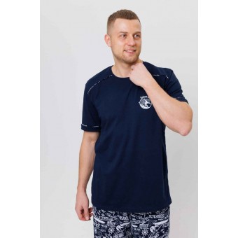 Костюм  мужской       из кулирки    футболка с шортами   синий  Надписи Kuzina