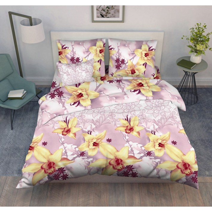 Комплект постельного белья семейный из поплина с наволочками 50х70 2 шт Цветы Василиса