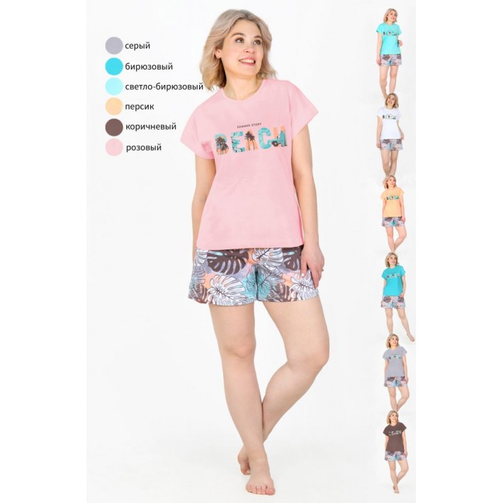 Пижама женская из кулирки футболка с шортами в ассортименте Листья