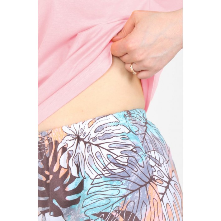 Пижама женская из кулирки футболка с шортами в ассортименте Листья