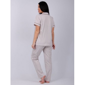 Пижама  женская       из кулирки    рубашка с брюками   Белый, Коричневый