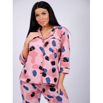 Пижама  женская       из кулирки   на пуговицах рубашка с брюками   розовая