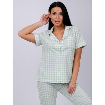 Пижама  женская       из кулирки    рубашка с брюками   Белый, Зеленый
