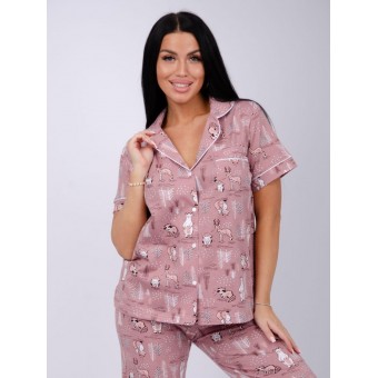 Пижама  женская       из кулирки    рубашка с брюками   розовая