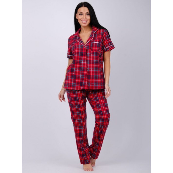 Пижама женская из кулирки рубашка с брюками красная