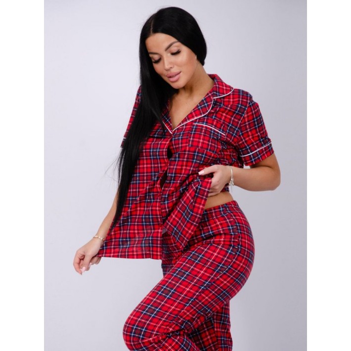 Пижама женская из кулирки рубашка с брюками красная