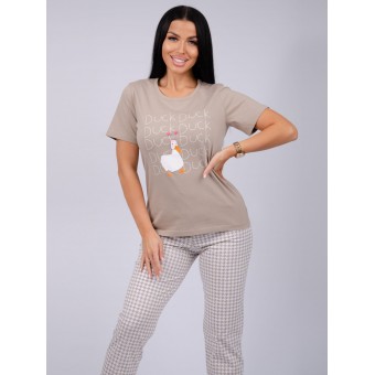 Пижама  женская       из кулирки    футболка с брюками   Бежевый, Серый