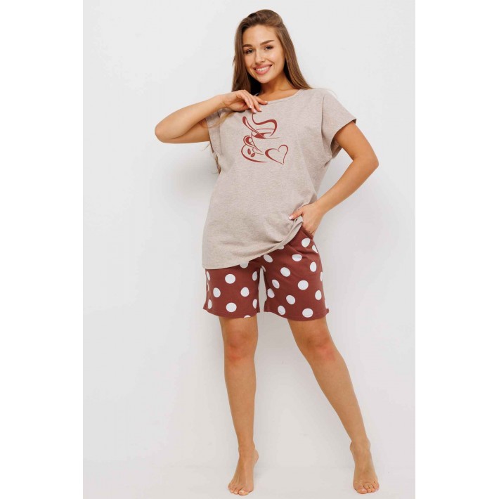 Пижама женская из кулирки футболка с шортами коричневая Круги Kuzina