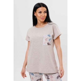 Костюм  женский       из кулирки    футболка с бриджами   бежевый  Животные Kuzina