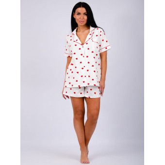Пижама  женская       из кулирки   на пуговицах рубашка с шортами   Белый, Красный  Сердечки