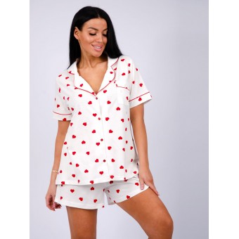 Пижама  женская       из кулирки   на пуговицах рубашка с шортами   Белый, Красный  Сердечки
