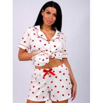 Пижама  женская       из кулирки   на пуговицах рубашка с шортами   Белый, Красный  Сердечки