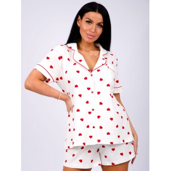 Пижама  женская       из кулирки   на пуговицах рубашка с шортами   Белый, Красный  Сердечки
