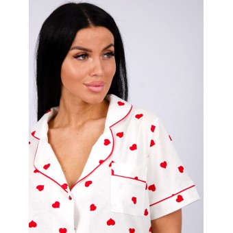 Пижама  женская       из кулирки   на пуговицах рубашка с шортами   Белый, Красный  Сердечки