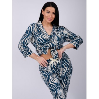 Пижама  женская       из кулирки   на пуговицах рубашка с брюками   Бежевый, Синий