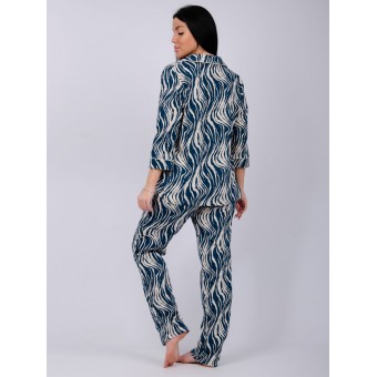 Пижама  женская       из кулирки   на пуговицах рубашка с брюками   Бежевый, Синий