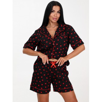 Пижама  женская       из кулирки   на пуговицах рубашка с шортами   черная  Сердечки