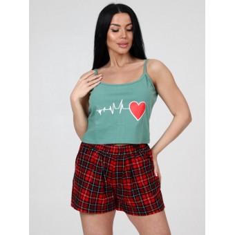 Пижама  женская       из кулирки    майка с шортами   Зеленый, Красный  Рисунок