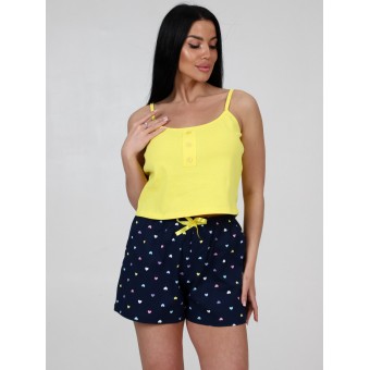 Пижама  женская       из кулирки    майка с шортами   Желтый, Синий  Сердечки