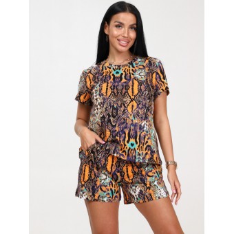 Пижама  женская       из кулирки    футболка с шортами   разноцветная  Животный принт   