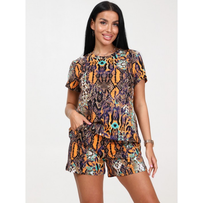 Пижама женская из кулирки футболка с шортами разноцветная Животный принт